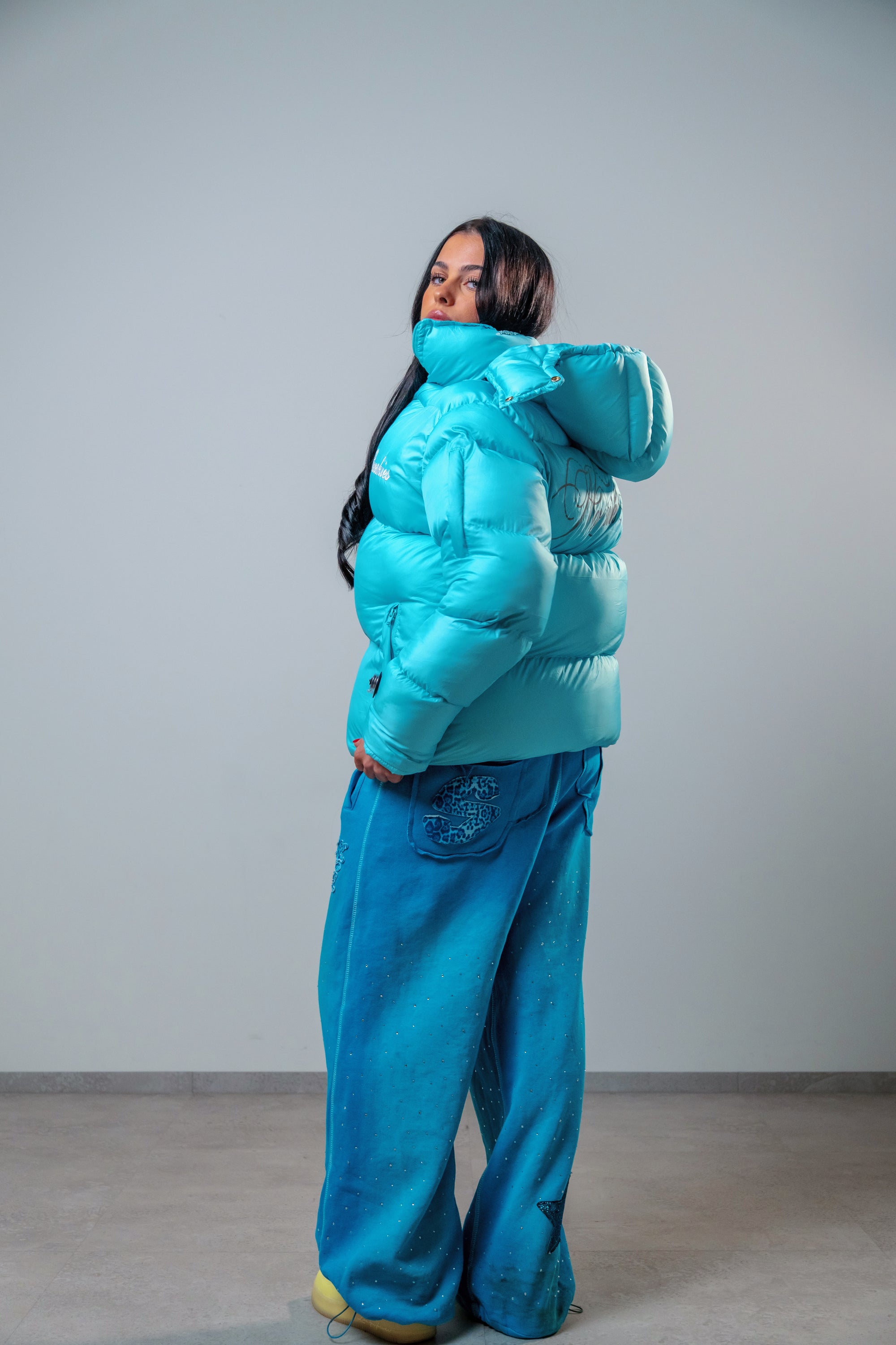 Turquoise blue puffer jacket